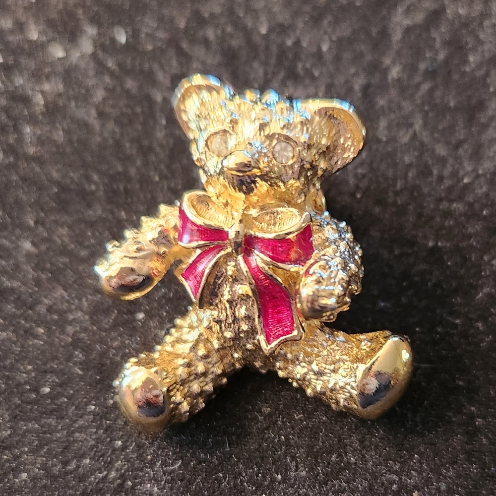 Gold Teddy Bear Brooch with Red Bow